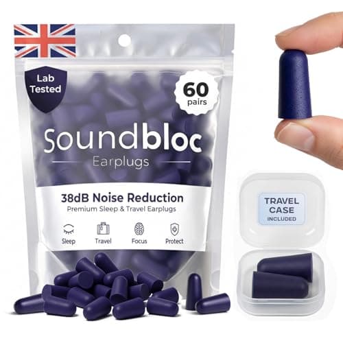 Soundbloc Earplugs™ Thermo Foam (60 Pairs) – Foam Ear Plug for Sleeping Travel Work High Noise Cancelling Protection Motorsports 38dB (Midnight, Medium - Large)