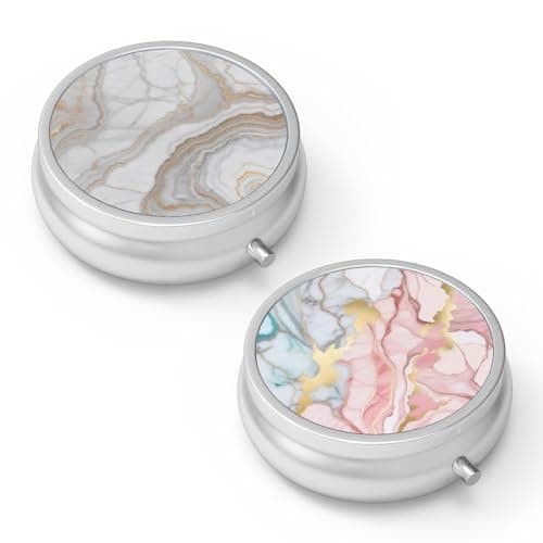 Pill Box 3 Compartment Medicine Pill Case,Portable Medicine Tablet Vitamin Holder Organizer for Purse Pocket Travel Gift… (2 Piece, Set-2-gray Marbling Gold+Orange Pink Marble)