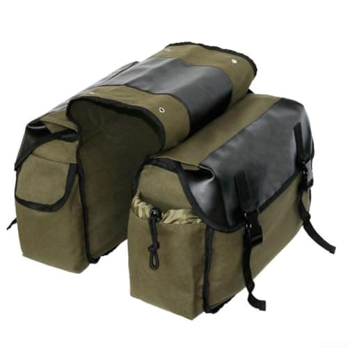 Canvas Bike Rear Rack Bag With Leather Accents, Vintage-Style For Pannier For Commuting & Travel, Multiple Compartments(Army green)