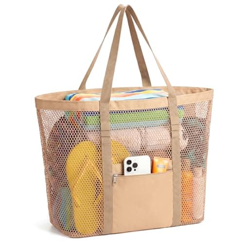Dntorx Women's Mesh Beach Bag, Lightweight Khaki Beach Tote for Travel
