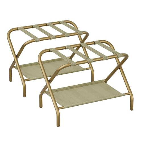 Smart FENDEE Set of 2 Gold Luggage Racks for Guest Room, Folding Suitcase Stand with Fabric Shelf, Steel Portable Luggage Stand Bedroom, Hotel, Easy Assembly, Hold up to 110 lb