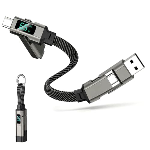 Haefan 4-in-1 USB Charging Cable Keychain, 65W Fast Charge with LED Display