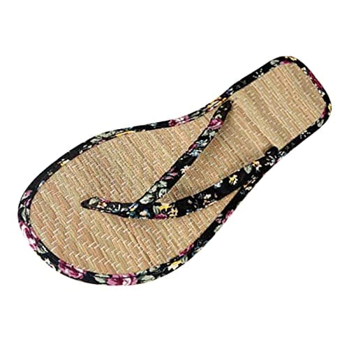 Flip Flops Bamboo Women's Slippers Toe Separator Summer Mules Flower Sandals Flat Comfortable Non-Slip Silent Bamboo Rattan Flop Slippers, Black, EU 41, black A, 5 UK