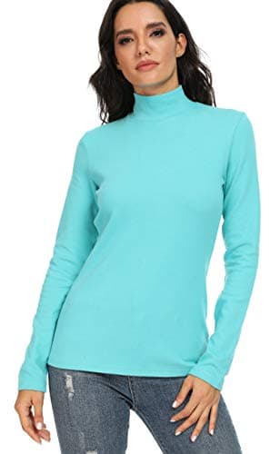 HieasyFit Women's Cotton Mock Turtleneck Long Sleeve Basic Thermal Top, Turquoise, L