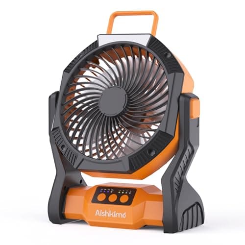 Aishkimo Portable Camping Fan with LED Light, 10000mAh Rechargeable Tent Fan with Hanging Hook, 4-Speed Adjustable Outdoor Fan for Picnic, BBQ, Fishing, Travel - Orange