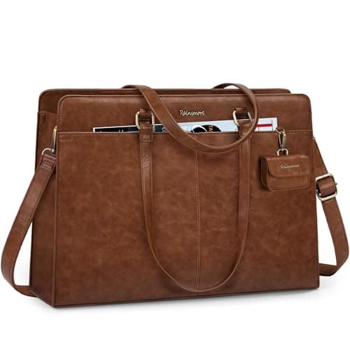 RAINSMORE Laptop Bag for Women 15.6 Inch Work Tote Bags Waterproof PU Leather Handbag Shoulder Bags Business Office School Briefcase Vintag Brown