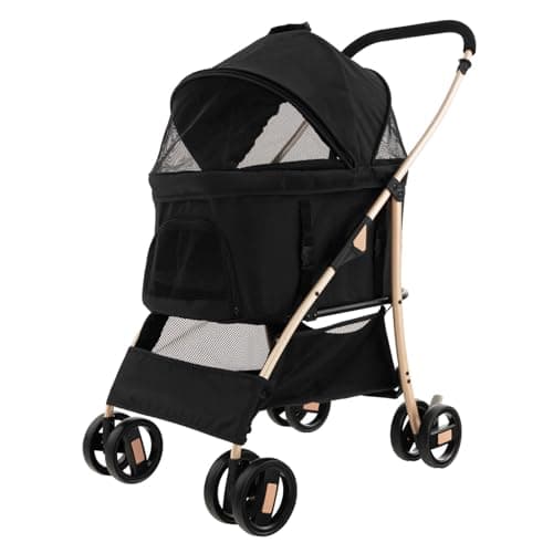 Maxmass Pet Stroller, Folding Dogs Travel Carrier with Wheels, Brake, 4-Level Adjustable Canopy & Storage Basket, Pet Travel Carriage for Small & Medium Sized Dogs Cats (Black+Gold)