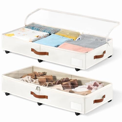 KitHero 6 Inches Under Bed Storage with Wheels Pack of 2, Underbed Shoe Storage Container Bin with Clear Lid Cover, Rolling Under Bed Drawer Storage Bag Basket for Shoe Organizer Sheet Sweater - White