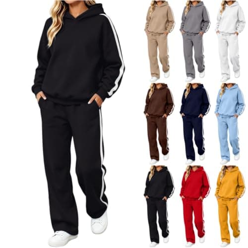 Womens Black 2 Piece Outfit Pullover Hoodie and Wide Leg Trousers