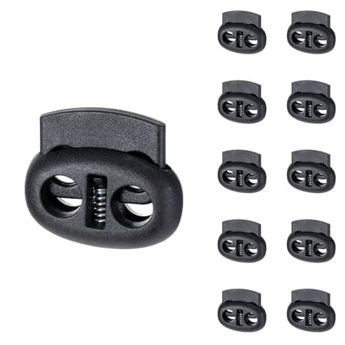 Apausvcm 10Pcs Shoe Lace Tie Locks, Plastic Cord Locks Double Hole Drawstring Stopper Fastener Black Spring Cord Lock for Shoelaces Drawstrings Paracord Clothing Bags Sweatpants Hats