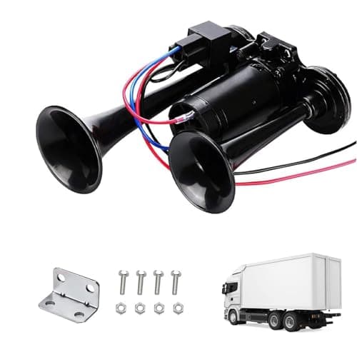Air Horn 12V 600DB, Universal 12V Dual Trumpet Air Horn Kit, Truck Train Air Horns with Compressor, Double Tube Train Horn, Dual Trumpets for Truck, Train, Car, Van, Black