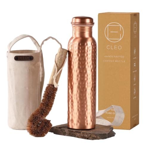 AVA DESIGNZ Hand Hammered Pure Copper Water Bottle 950ml – Ayurvedic Leakproof Sports Water Bottle | BPA Free Large Water Bottle for Yoga Travel Office Canvas Bag with Pocket & Card Holder, Brush Set