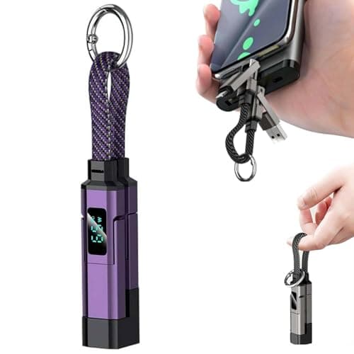 4-in-1 USB C Keychain Charger Cable with Digital Display, 65W Fast Charging Short Braided Data Cord for Type-C/L/USB-A, Portable Multi Charger for Phone Tablet Laptop (Purple)