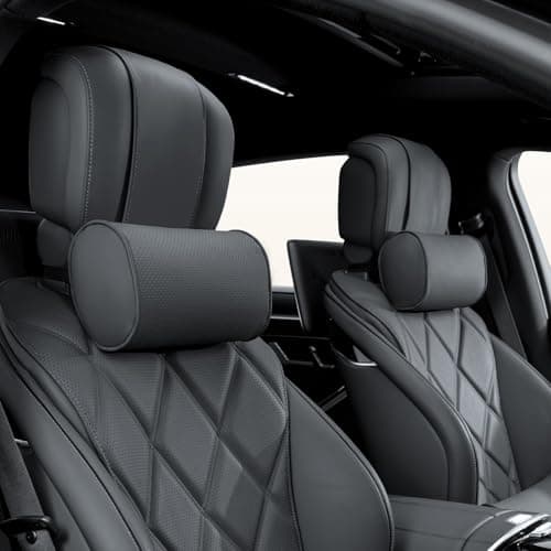 Dapucarin Car Headrest Pillow for Driving - Luxury Leather 100% Memory Foam, Ergonomic Neck Support - Universal Fit Head Rest Travel Pillow for Most Cars, Home & Office, Black, 2 Pack