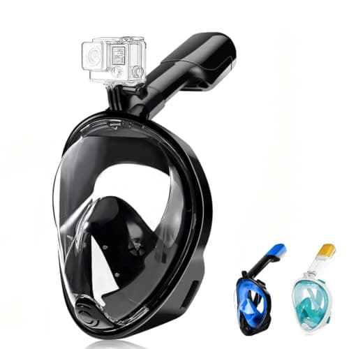 Full Face Snorkelling Mask, 180° Panoramic View, Anti‑Fog Anti‑Leak Dry‑Top Snorkel Gear, Compatible with Action Cameras for Adults & Kids, Ideal for Beach Holidays (Black, S-M)