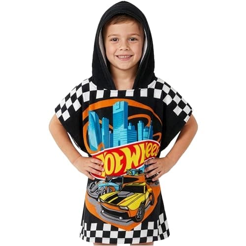 Get Trend Hot Wheels Bath Towel with Hood for Kids Absorbent Changing Robe Poncho Towel for Swimming Bath Shower Beach Holiday Essentials (Black Hot Wheels, 4-9 years)