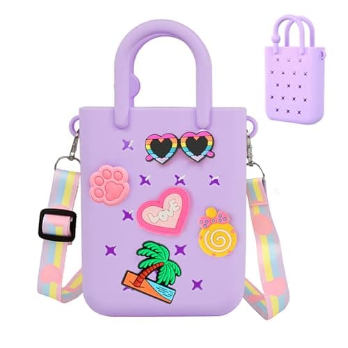 Oudizz Mini Rubber Tote Bag, EVA Waterproof Beach Tote for Little Girls And Woman, Silicone Hole Small Beach Tote for Travel Outdoor, Cute Rubber Beach Bag with 20 Charms & Adjustable Shoulder Strap