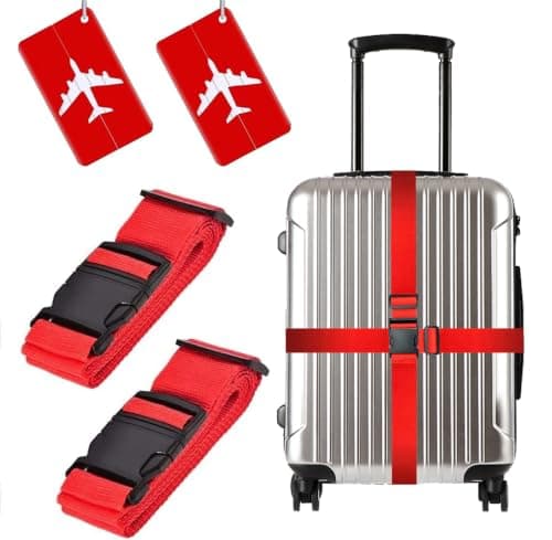 2 Pack Luggage Straps Set Adjustable Suitcase Belts Luggage Tags Travel Suitcase Tags With Name ID Card for Luggage Suitcase Travel Accessories (red)