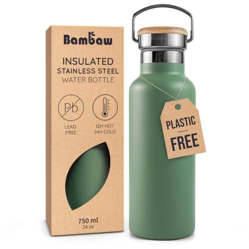 Bambaw Stainless Steel Insulated Water Bottle 750ml, Keeps Drinks Cold for 24h & Hot for 12h, Metal Insulated Water Bottles 750ml, Durable & Rust-Resistant, Great for Travel (Sage Green)