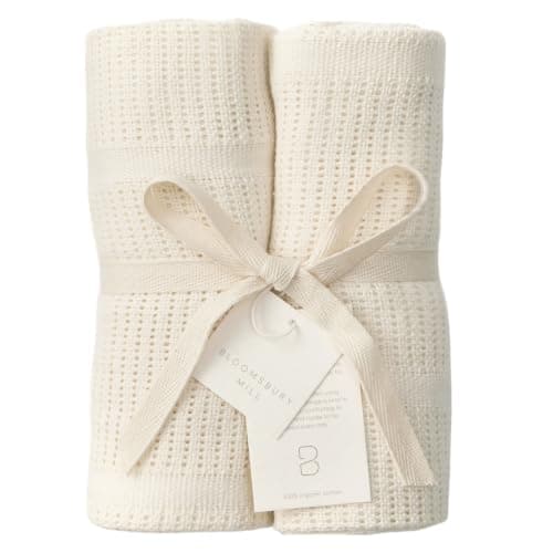 Bloomsbury Mill - Cellular Blankets Baby - 100% Organic Cotton - 2 Pack - Cream - Newborn Essentials - Soft Breathable Baby Blankets for Pram, Cot, Moses Basket - 75x95cm