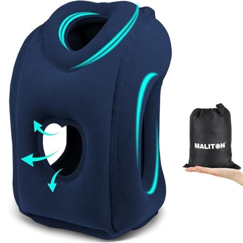 Maliton Inflatable Travel Pillow, Neck Support for Airplane(Navy Blue)