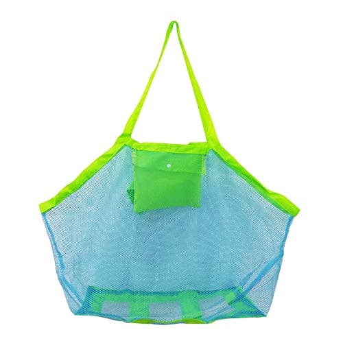 Large Mesh Beach Bag for Toys Sand Away Tote with Zipper for Child Swim Pool Travel Sandy Shoes Wet Towels 18 x 12 x 18inch Green Straps Blue Mesh