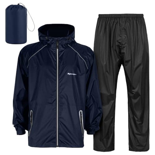 SOPPY Waterproof Rainsuit Jacket Pants Suits for Men Women, Hooded Rain Jacket Waterproof Rain Coat with Trousers, Packable Raincoat Sets with Carrying Bag for Fishing Hiking Camping (Blue, L)