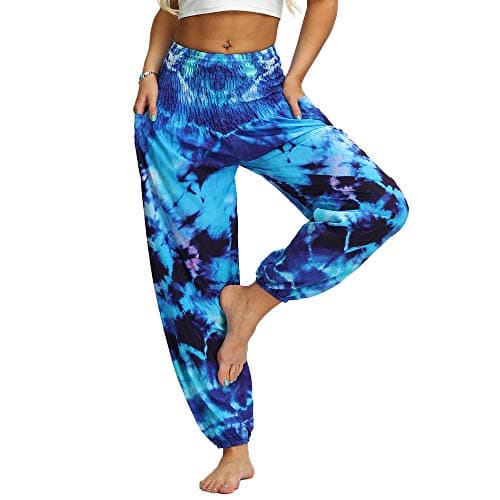 Nuofengkudu Women's Hippie Baggy Harem Trousers Smocked High Waist Soft Bohemian Print Colourful Yoga Pants with Pockets Lightweight Flowy Travel Holiday Beachwear (Blue A,One Size)