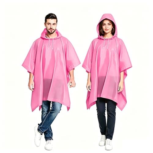 JXJIUA 2 Pack Rain Ponchos for Men/Women Waterproof Reusable Emergency Raincoats with Hoodand Drawstring -Lightweight Ponchos Pink