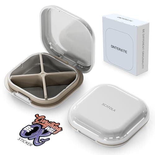 ONTERATE Small Pill Case, Travel Pill Box with 4 Compartments, White Grey