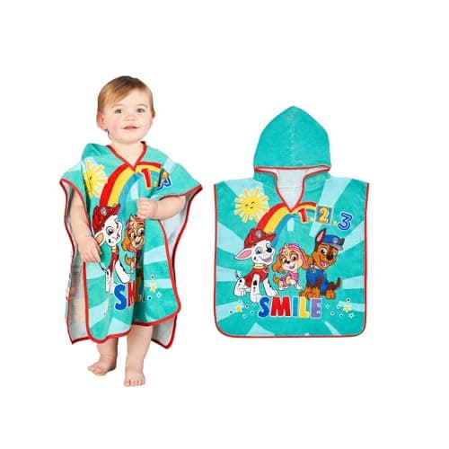 Paw Patrol Poncho Towel 100% Cotton Terry 12M+ Super Absorbent Machine Washable 50 x 50cm Unisex Baby Bath Beach Swimming Towel for Children with Hood