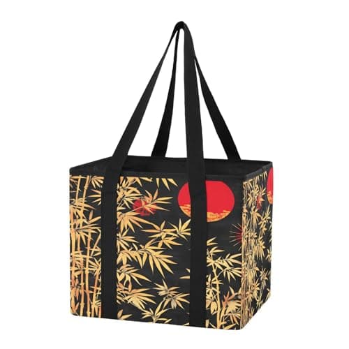 Quteprint Car Trunk Organizer, Japanese Gold Bamboos Moon 600D Oxford Foldable Storage Bag with Handles, 13.0x10.8x10.2in, Portable Collapsible Container for Groceries, Kitchen, Picnic & Travel