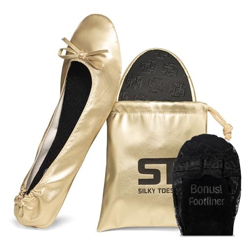 Silky Toes Women’s Foldable Ballet Flats - Portable Roll-Up Slippers for Purse, Travel, or Events - Comfortable Ballerina Shoes, BBB Gold New, Medium