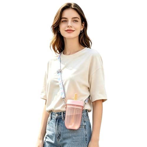 Cute Water Bottle with Straw Morning Walk Camping Trip Pink One Size