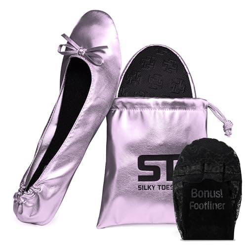 Women's Foldable Portable Travel Ballet Flat Roll Up Slipper Shoes (Small, Silver Satin)