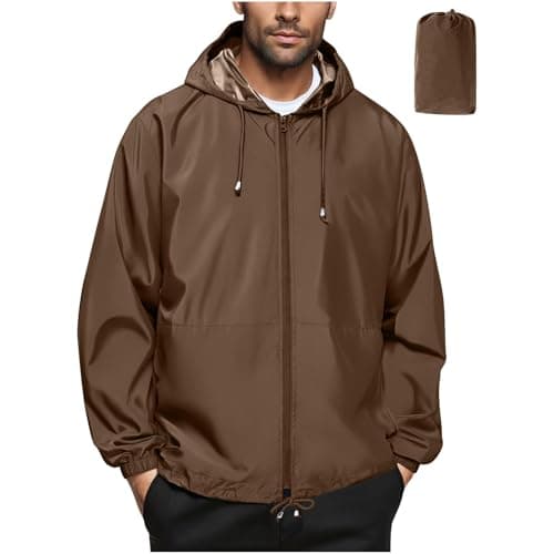Waterproof Jacket Men Lightweight Packable Raincoat With Pockets Breathable Windproof Rain Coat Casual Softshell Hiking Cycling Outdoor Clothes Brown M