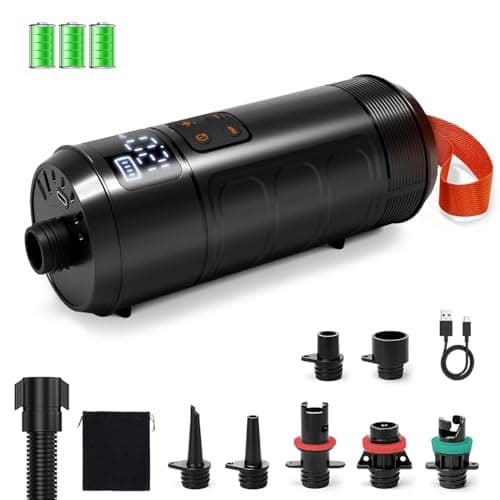 Rechargeable SUP Pump Cordless Paddle Board Pump, 12 PSI Smart Electric Air Pump with 7 Nozzles & Auto-Off, Portable Mini High Pressure Inflator for Kayak, Inflatable Boat, Tent, Pool Toys