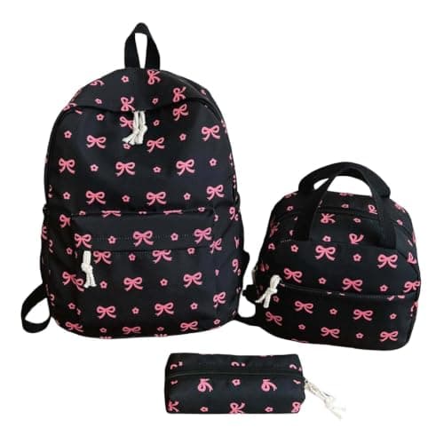 Bow Print 3 In 1 School Backpack Set UK, Water Resistant Lightweight Rucksack with Insulated Lunch Bag Zipper Pencil Case, Casual Daypack Bookbag for Primary Teen Girls School Daily Outdoor Use