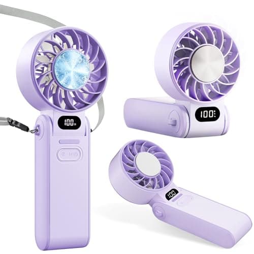 Handheld Fan with Ice Cooler, Portable Mini Fan Rechargeable Battery Operated, 5 Gear Turbo Fan Led Display, Up to 15H Cooling, Foldable Personal Hand Fans for Travel/Commuting/Office/Home (Purple)