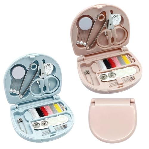 2 Pack Mini Sewing Kit, Compact Semi-Circular Travel Sewing Case, Portable Needle and Thread Set with Scissors Buttons Pins for Home & Outdoor Use (Blue & Pink)