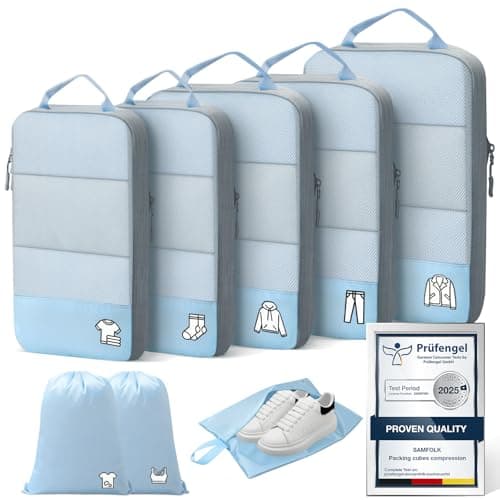 Compression Packing Cubes for Suitcases, Ultralight 8 Set Packing Cubes for Backpack Waterproof Luggage Packing Organizers Blue grey