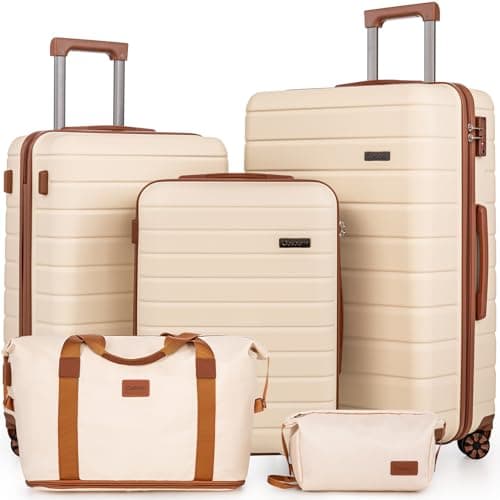 Cosbarn Luggage Sets 5 Piece Suitcases with Wheels, 5 Piece Sets (20/24/28/DB/TB), Fashion (Beige)