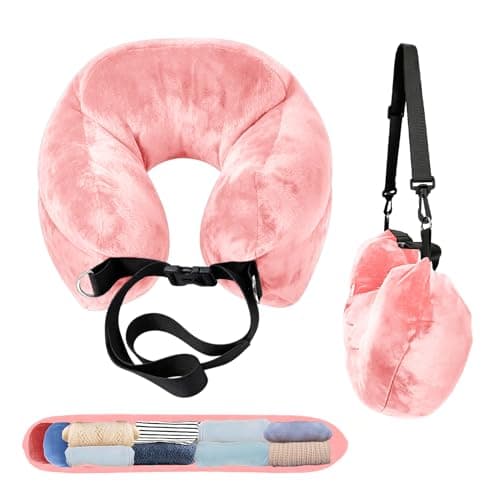 Stuffable Neck Pillow for Travel, Raised Neck Support Travel Pillow Stuffable with Clothes for Extra Luggage Space, Adjustable Strap, Relax with Soft Head Support for Airplane, Camping, Train, Hiking