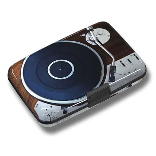 Credit Card Holder, Mini RFID Small Aluminum Card Wallet, Blocking Slim Metal Business Card Case, RFID Blocking Front Pocket Wallet Hard Case Durable CC Holder for Women Men, Retro Music Player