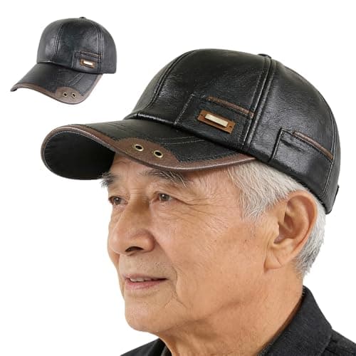 Warm Leather Baseball Cap, Mens Windproof Waterproof Genuine Leather Shell Fleece Lining Adjustable Hat Fall Winter (Black)