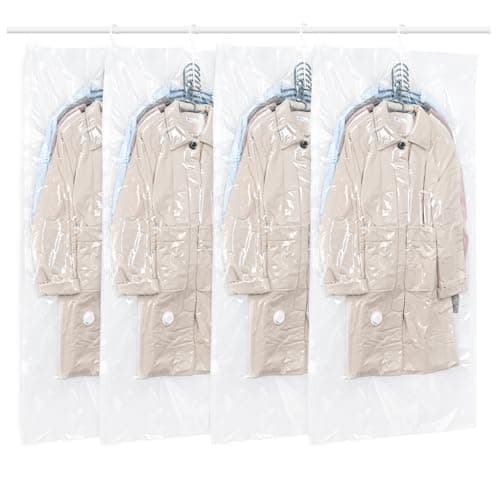 Hanging Vacuum Storage Bags, QH7 4 PCS Space-saving Vacuum Bag for Clothes, Suits, Dresses, Coats or Jackets, Clear & Reusable Closet Organizer with (4 Long 145x70cm)