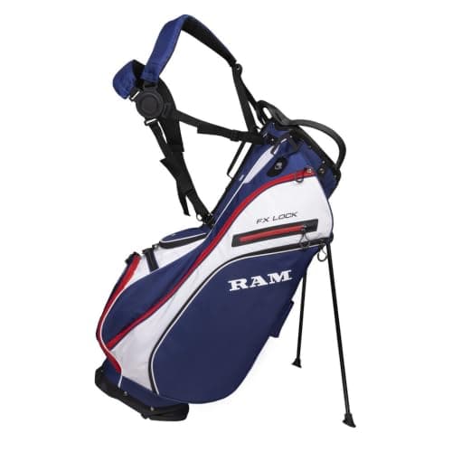 Ram Golf FX-LOCK Stand Bag with 14-Way Silent Lock-In Divider Top, 8 Pockets, Dual Strap, EVA Hip Pad & Auto-Deploy Stand — Lightweight 3.4 kg Carry Bag for Men & Women Blue/White/Red