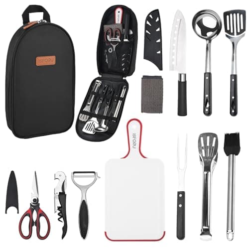 Camping Accessories Set,ISFORU 10PCS Camping Kitchen Cookware Utensil Organizer Travel Kit with Peeler, Cutting Board, Bottle Opener and Water Resistant Case for Outdoor Hiking Picnic and Trekking