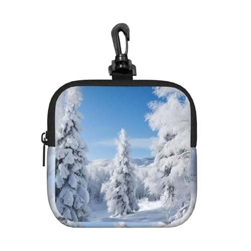 Mini Pouch with Carabiner, Neoprene Travel Makeup Bag with Zipper Tool Storage Pouch Snow-covered winter trees Coin Purse Portable Earbud Case Waterproof Card Holder Wallet for Women Men