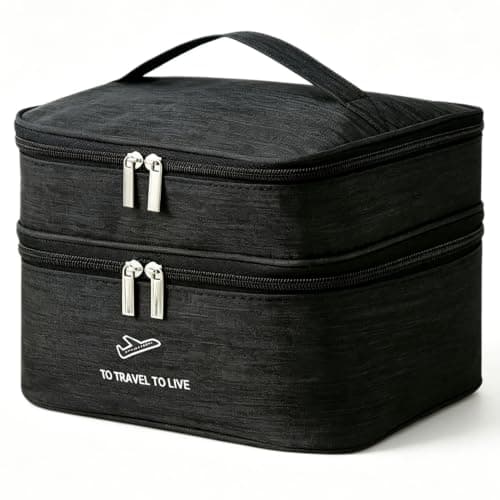 Travel Makeup Bag for Women, Large Capacity 2-Layer Cosmetic Organiser with Makeup Brush Organiser, Water-Resistant Durable Nylon Toiletry Bag, Portable Make Up Bags Case for Travel, Home Use (Black)